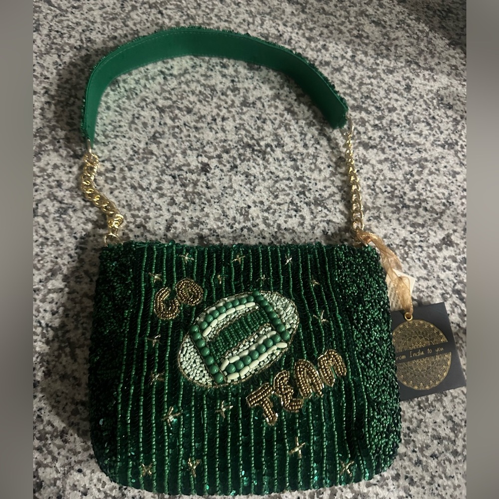 New GO football game day beaded handbag, Green gold white!!